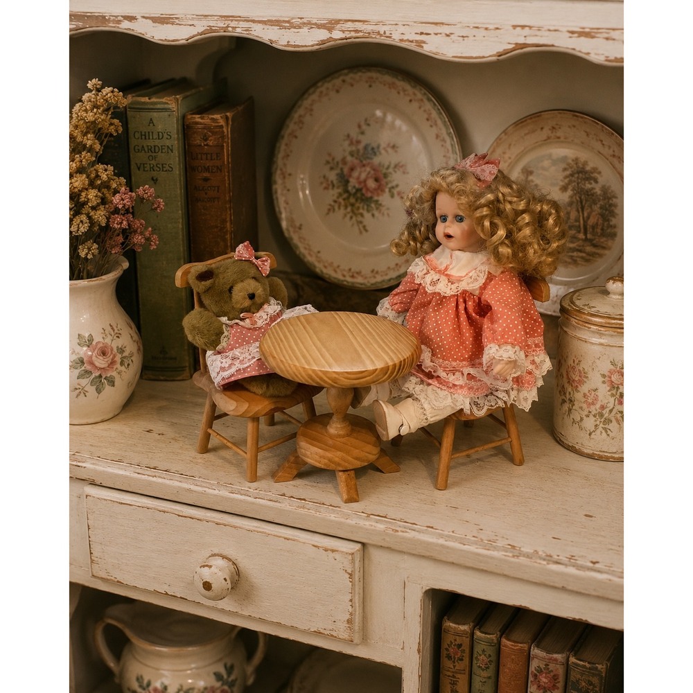 Vintage Porcelain Doll Tea Party Set‎ with Teddy Bear and Wooden Furniture Pink